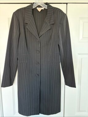 Alyn Paige Pinstripe Long Blazer. Classic tuxedo fit.